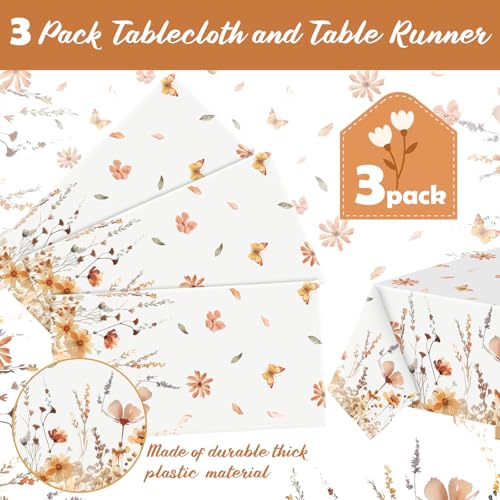Image of Ganeen 3 Pcs Fall Floral Tablecloth Thanksgiving Autumn Disposable Plastic Table Cloth Wildflower Table Covers Rectangle for Thanksgiving Birthday Wedding Fall Party Decorations, 54 x 108 Inch