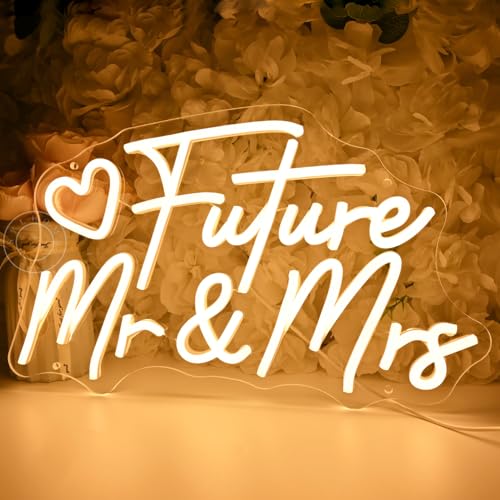 Image of SYLHOME Future Mr & Mrs Led Neon Light Sign Wedding Wall Decor Sign Banner Engagement Party Bridal Shower Light Up Sign Backdrop 15.75 inch X 9.25 inch USB Warm