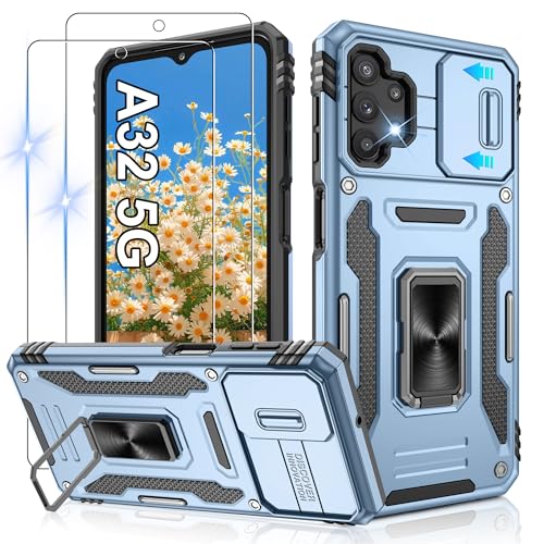 Coque Samsung A32 5G antichoc bleu clair avec protège-écran et anneau