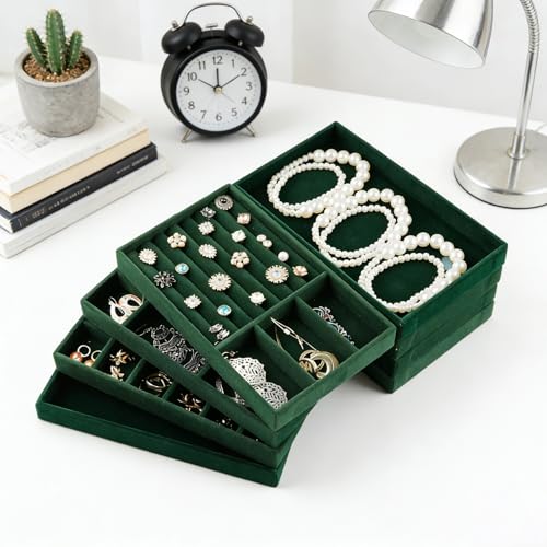 Plateau bijoux velours vert range-boucles d'oreilles et coffret bagues - 7