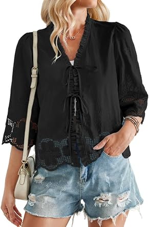 Falechay Tie Front Tops for Women V Neck 3/4 Sleeve Shirts Hook Flower Embroidered Eyelet Cute Blouses Lace Hem Boho Clothes