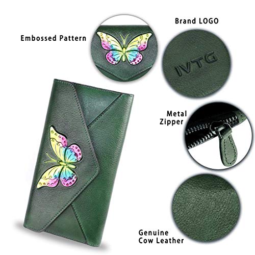 Genuine Leather Wallets for Women RFID Blocking Purse Vintage All in One Organizer Handmade Long Wallet Luxury Clutch (Green)4