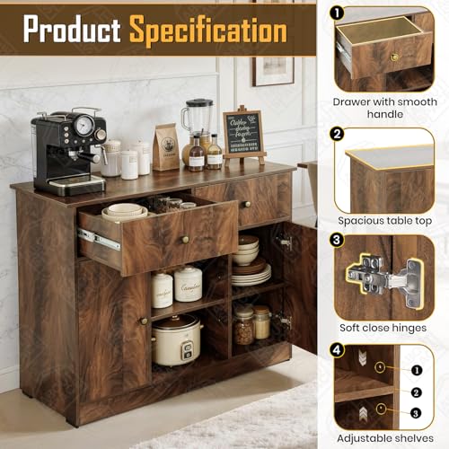 Image of ABOUT SPACE 3ft Kitchen Storage Cabinet with 2 Drawers, Open Center Shelf, 2 Closed Cabinet with Adjustable Shelves Modern Kitchen Rack Cupboard for Dining Room, Living Room, Entryway - Walnut