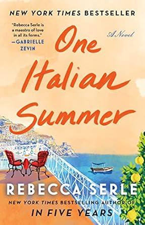 One Italian Summer by Rebecca Serle book cover featuring an Italian landscape with a white fenced balcony overlooking the water and a city on a hill in the distance. And a boat in the water with a lemon tree on the side in the corner.