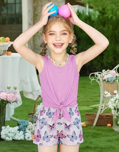 Image of Arshiner Girl's 2 Piece Outfits Tie Knot Tank Top and Paperbag Waist Pocketed Summer Short Sets