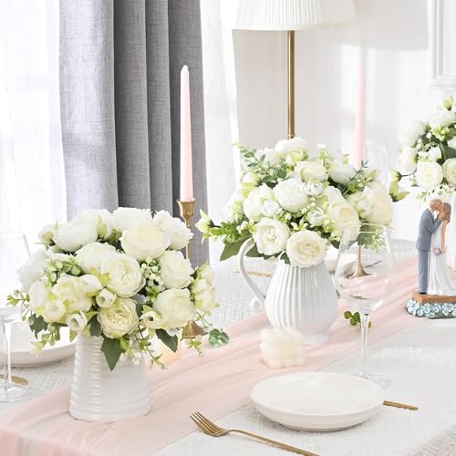 HNVNER 4 Bunches Peony Artificial Flowers White Silk Peonies Flower Bouquet for Wedding Table Centerpiece Home decor - Image 5