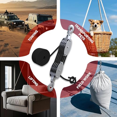 YATOINTO Rope Hoist Pulley System with Metal Bearing, 4400LB Pulley Block and Tackle, 8:1 Lifting Power 65ft, Heavy Duty Pulley Block for Hunting Lifting Heavy Objects Garage Warehouses Building
