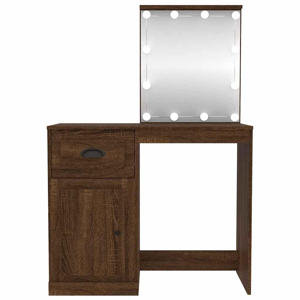 Tocador con LED marrón roble 90 x 50 x 132,5 cm con espejo, cajón y taburete, iluminación LED, espacio de almacenamiento y estante para dormitorio, vestidor, niña