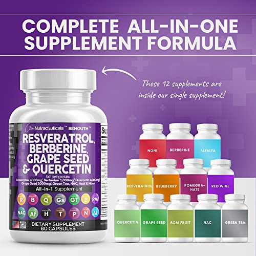 Resveratrol 6000Mg Berberine 3000Mg Grape Seed Extract 3000Mg Quercetin 4000Mg Green Tea Extract - Polyphenol Supplement For Women And Men With N-Acetyl Cysteine, Acai Extract - Made In Usa 60 Caps #TOP1