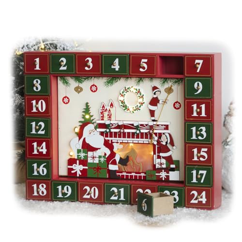 Image of Light Up Santa's Grotto Advent Calendar 37x25cm Wood 24 Drawer LED Christmas Countdown