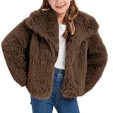 Flygo Girls Faux Fur Coat Kids Fluffy Long Sleeve Lapel Collar Open Front Jacket Warm Winter Shaggy Outwear with Pockets(Brown-L)