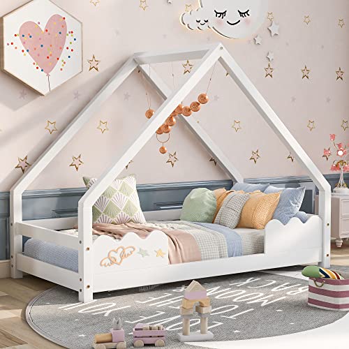 KecDuey Cama infantil, cama de casa de 80 x 160 cm, con protección anticaídas, cama de juegos con somier enrollable, cama juvenil de madera maciza (color blanco) Cover