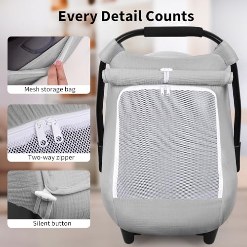 Image of Rquite Car Seat Cover Baby, Carseat Covers Girl Boy, Breathable Muslin Cotton, Large Mesh Window, Infant Car Seat Canopy Baby Carrier Cover Stroller Sun Shade for Summer & Hot Day, Grey