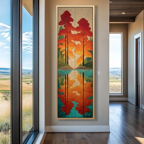 Tableau sur toile arbre coloré décoration murale verticale étroite 55x110cm cadre intérieur