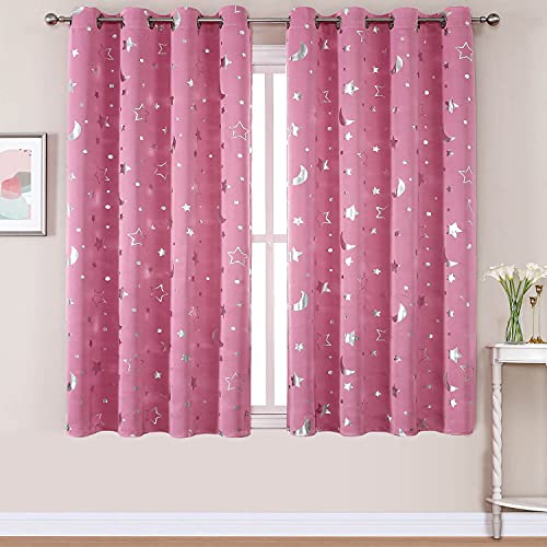 WUBODTI Pink Kids Curtains for Girls Bedroom 2 Panel Sets,Grommet Thermal Insulated Silver Twinkle Stars and Moon Theme Blackout Window Drapes for Nursery Living Room, 52 x 63 Inch