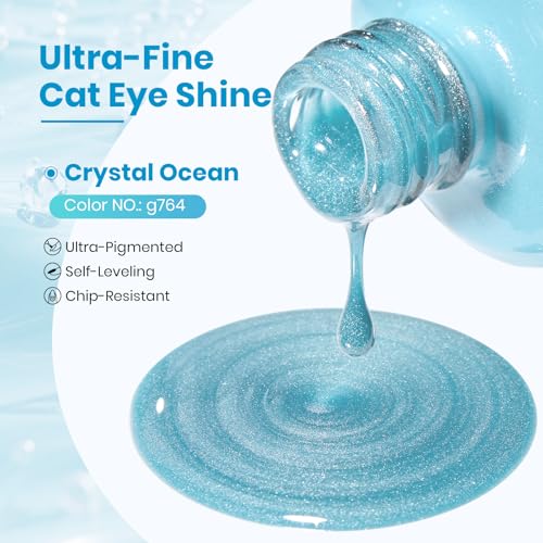 Image of Beetles Crystal Ocean Blue Cat Eye Gel Nail Polish - 15ML Summer Light Blue Gel Polish Cat Eye Glitter Magnetic Translucent Glassy Effect Soak Off UV Nail Art DIY at Home Manicure Gift for Women