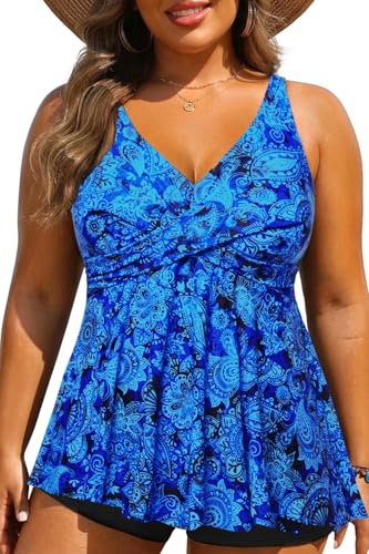 Plus Size Tankini Top Only - Flowy Bathing Suits Top Plus Size Swim Top 2025 Modest Swimsuits Top Blue Paisley 18W