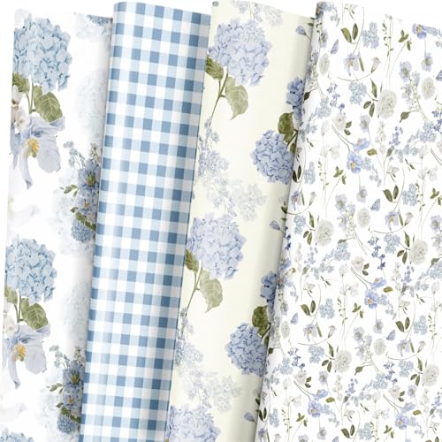 LeZakaa Floral Wrapping Paper Blue Hydrangea Flowers & Gingham Check 4 Different Design for Wedding Bridal Shower Mothers Day Birthday 12 Folded Sheets 27.5 x 19.6 inches Per Sheet