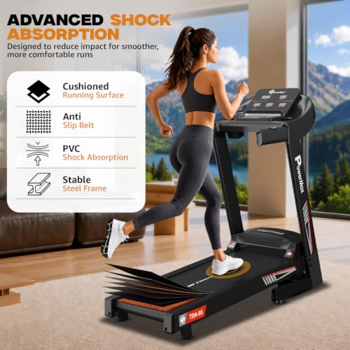 Image of PowerMax Fitness TDA-95 4HP DC Motorized Treadmill For Home Use, 15-Level Auto Incline | 1.0-14 km /h Speed | Running Surface 1100 x 400mm | LED Display | Shock Absorption System | iPad & Mobile Holder