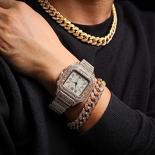Halukakah Men’s Watch - The King - 18K Gold/Platinum Plated, 40MM Square Dial, Iced Out Wristband, with Cuban Link Chain Necklace and Bracelet Set Optional, Comes in Giftbox2