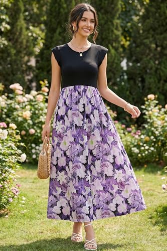 Image of OUGES Women's Maternity Dress Summer Ruffle Sleeve Patchwork Casual Flowy Maxi Dresses with Pockets