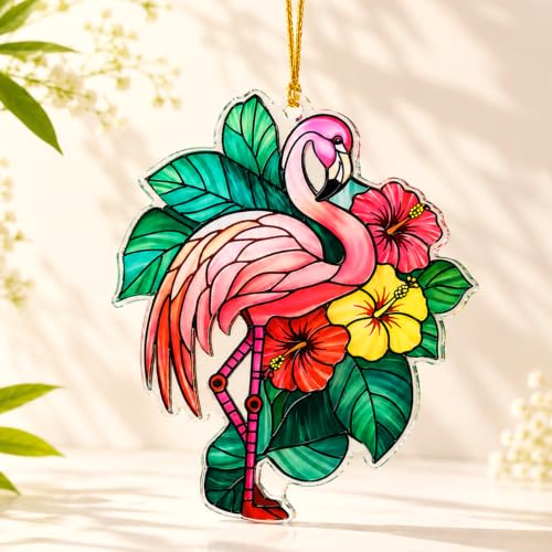 Flamingo Ornament, Flamingos Gifts for Women, Inspirational Gift, Tropical Palm Hanging Decorations (Flamingo Flowers)