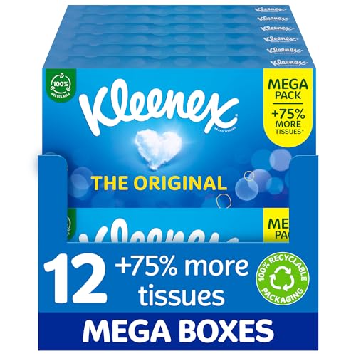 Kleenex® Original Tissues, Mega Pack – 1,344 Sheets (12 Boxes x 112 Sheets) - Always Soft & Strong for Everyday Use - Now 75% More Tissues in a Box