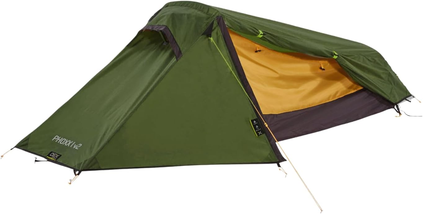 OEX Phoxx 1v2 Tent for 1 Person with Porch, 1 Man, Compact, Lightweight, Tunnel, Easy to Pitch, Backpacking, Festivals, Weekend Trips, Wild Camping, Hiking, 5000mm HH, Green