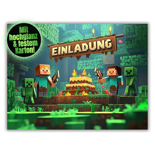HIDEBLOOM Gaming Einladungskarten Kindergeburtstag Junge und Mädchen - 12 Stück - DIN A6 (10,5 cm x 14,8 cm) - Einladungskarten Geburtstag - Geburtstagseinladungen Jungen - Einladung Gaming Pixel