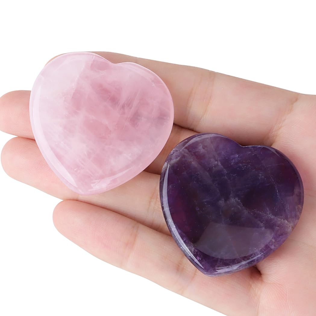 YATOJUZI 2PCS Thumb Worry Stone for Anxiety Healing Crystals Sets Amethyst Rose Quartz Heart Gemstone Pocket Stones Hand Carved Natural Crystal Stones Reiki Palm Stone for Meditation Gifts for Women