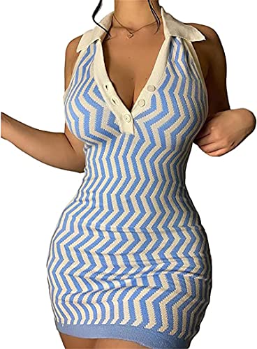 Acelyn Women’s Backless Mini Dress Halter Neck Sleeveless Striped Bodycon Y2K Dress Sexy Summer Casual Knit Dress #TOP28