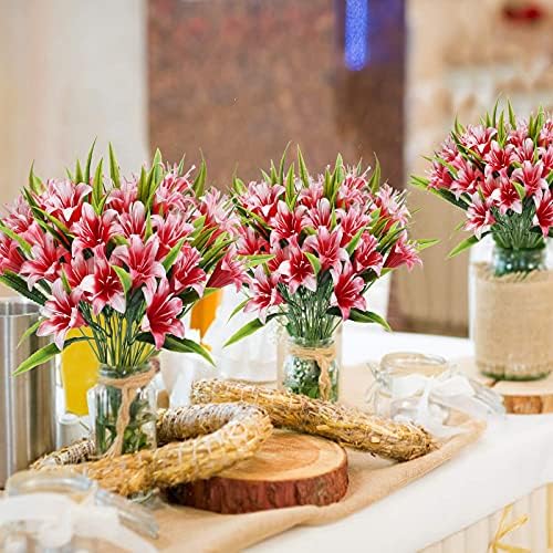 XHXSTORE 4Pcs Artificial Flowers Artificial Lillies Outdoor Fake Red Lilly Flowers Plastic Autumn Flowers Bouquet Bridal Wedding Bouquet Faux Flowers for Indoor Outdoor Festival Christmas Decor