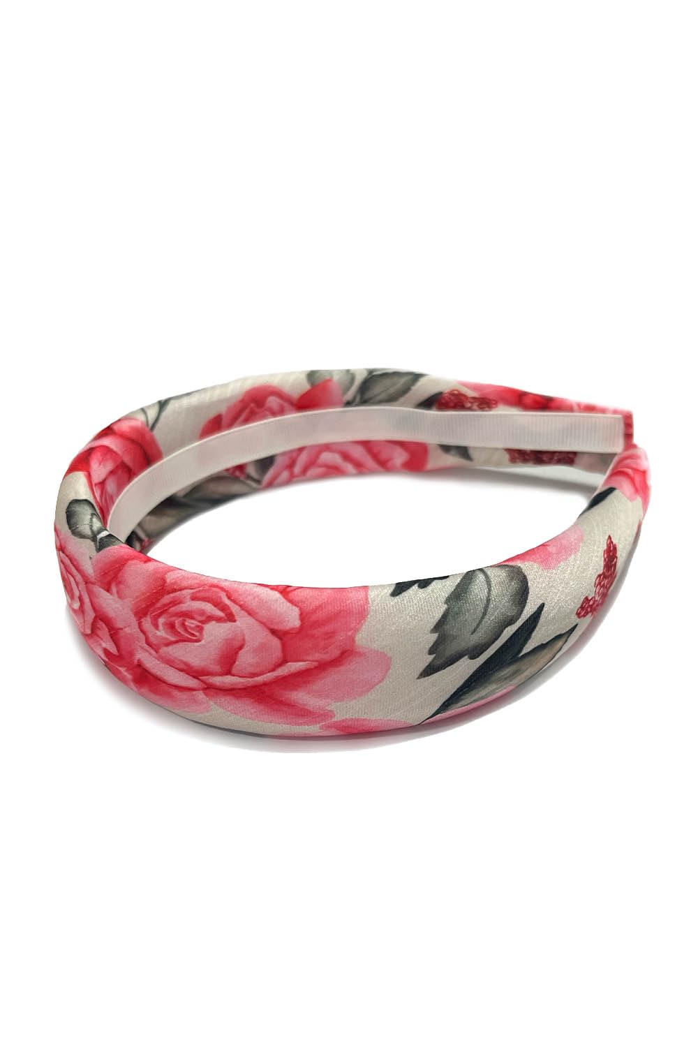 Luxe & Hardy Floral Print Padded Headband, Pink Rose on White | Wide Band, Fabric Wrapped, Women's Hair Accessory, Satin Finish, Everyday Wear-image-7