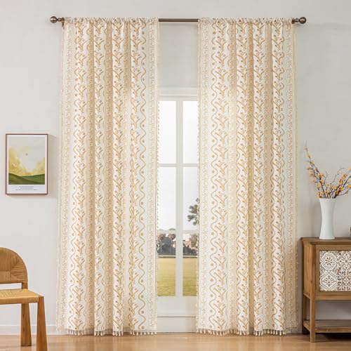 Image of Yellow Boho Curtains 72 Inch Long for Living Room, Bedroom, 2 Panels Floral Farmhouse Vintage Tassel Semi Sheer Light Filtering Privacy Window Curtains Drapes with Rod Pocket