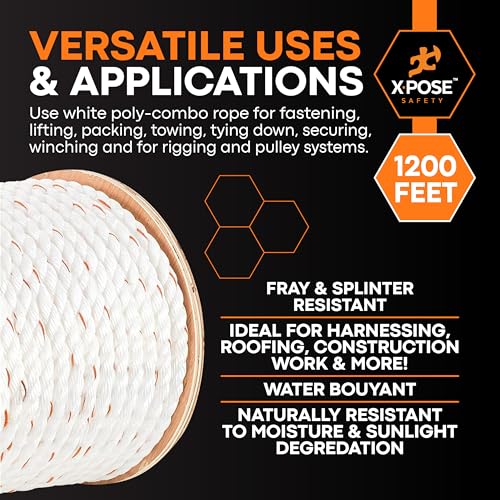 Image of Xpose Safety 3-Strand Twisted Poly-DAC (Poly Dacron) Combo Rope - 3 /8 inch x 1200′ - Heavy-Duty UV-Coated Safety Line for Commercial, Arborist, Marine, Towing, DIY Projects, Construction,Weather-Resistant