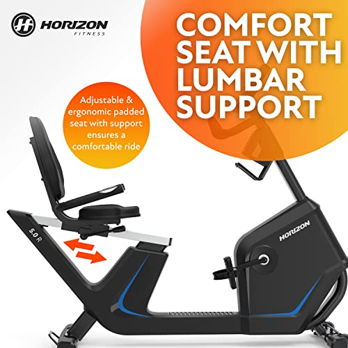 Image of Horizon Fitness 5.0R Recumbent Bike, Fitness & Cardio, Magnetic Resistance Cycling Bike with Bluetooth, Comfort Seat with Lumbar Support, Step-through Frame, and 350lb Weight Capacity