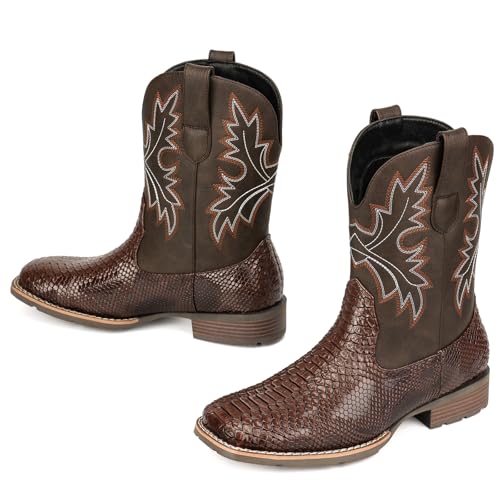 Image of Lumeheel Cowboy Boots for Men - Western Men's Boots with Classic Embroidered, Slip on Square Toe Boots, Slip Resistant Country Boots Chunky Heel Ankle, Durable Short Boots for Spring Fall