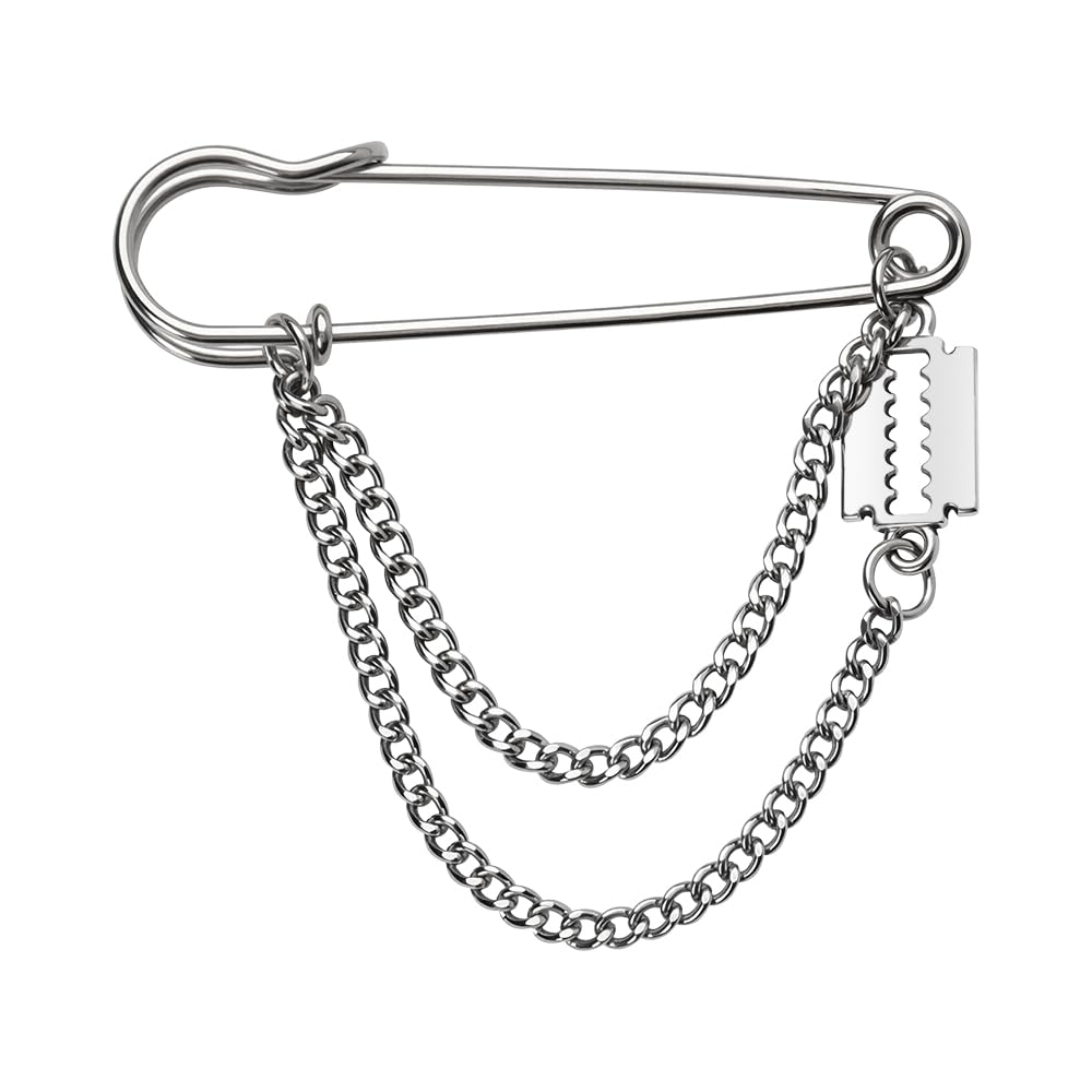Razor Blade Safety Pin Brooch with Chain Punk Rock Brooches and