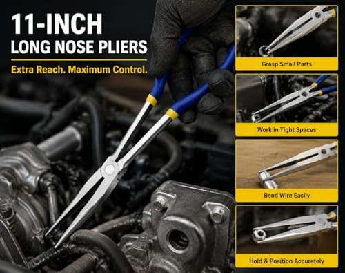 Image of 11 Inch(28cm) Long Reach Long Nose Pliers | Designed for Mechanics, Technicians, and Contractors | Work with Delicate or Difficult-to-Reach Pieces | Milled-Jaws | Steel inchNeedle Nose (Blue)