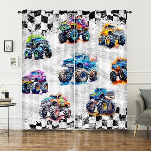 AILONEN Colorful Monster Truck Window Curtain,Featuring Cartoon Trucks and Checkered