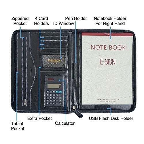 IVESIGN Faux Leather Portfolio Padfolio Organizer with Calculator, Writing Pad, Zipper Closure, Tablet Sleeve, Clipboard with Storage, Document Organizer, Business Card Holder, Note Pads-Black by IVESIGN - Image 3