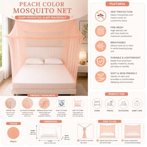 Image of BENAVJI Foldable Machardani Single Bed Pure Cotton Mosquito net (Peach, 3.5FT X 6FT) | Strong, Breathable, Lightweight, Portable & Ideal for Daily Usage | Full Protection for Home & Travel