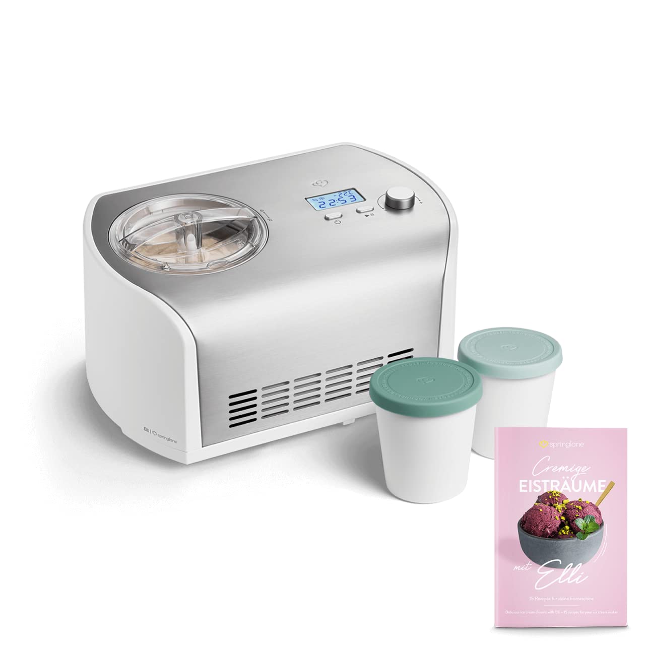 ELLI Kompresor 1,2 litra Maszyna do lodów, Przepisy w zestawie, Stalowa lodówka na jogurt, sorbet i lody, 135 W, wyświetlacz LCD, timer, chłodzenie