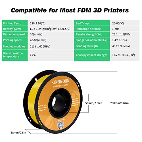 Image of Kingroon PLA 3D Printer Filament, Dimensional Accuracy + /- 0.02 mm, 1 kg Spool(2.2lbs), 1.75 mm,Yellow