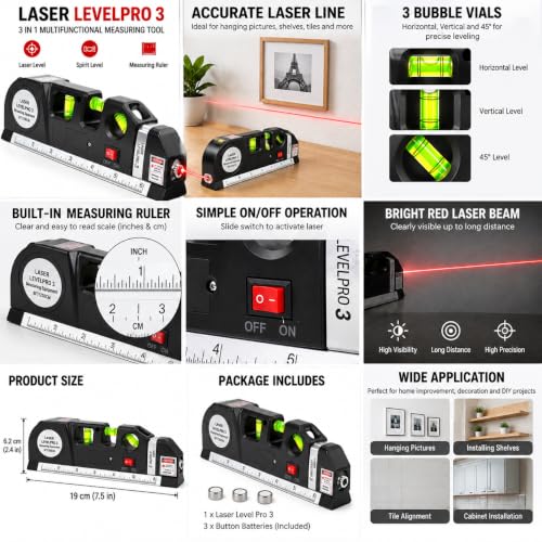 Image of Laser Level Pro 3 with Measuring Tape 8FT (2.5m) | Multi-Function Laser Level Tool with Horizontal & Vertical Alignment, Built-in Ruler, Bubble Level (lesar leval patti)