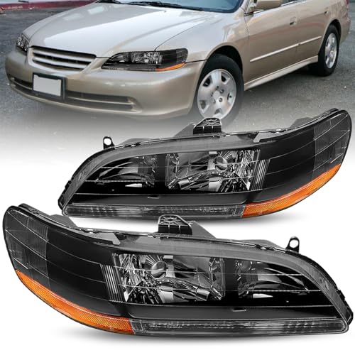 SOCKIR Headlight Assembly Pair Compatible with 1998-2002 Honda Accord Halogen Headlamp Replacement Driver and Passenger Side (Black Housing with Half Amber Reflector)