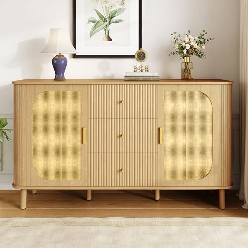 Moimhear Aparador con cajones, color madera, 140 x 40 x 80 cm, estantes y patas metálicas en imitación de madera, adecuado para salón