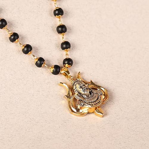 Image of Divine Hindu Shiv Trishul Karungali Mala With Silver Caps | Black Ebony Wood Spiritual Necklace | Protection, Meditation, Healing, Energy Balance, Shiva Bhakti Mala | For Men & Women