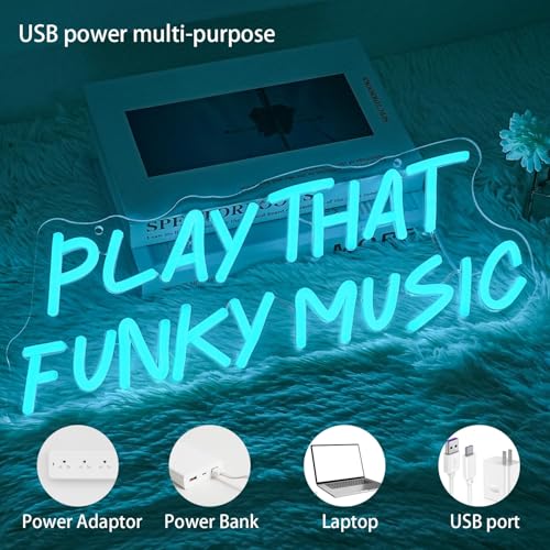 'Play That Funky Music' neonowy znak do dekoracji ścian, przyciemniana, niebieska litera, neonowa lampka, zasilana przez USB, do sypialni, klubu, na imprezę, do baru, jaskini, pokoju muzycznego