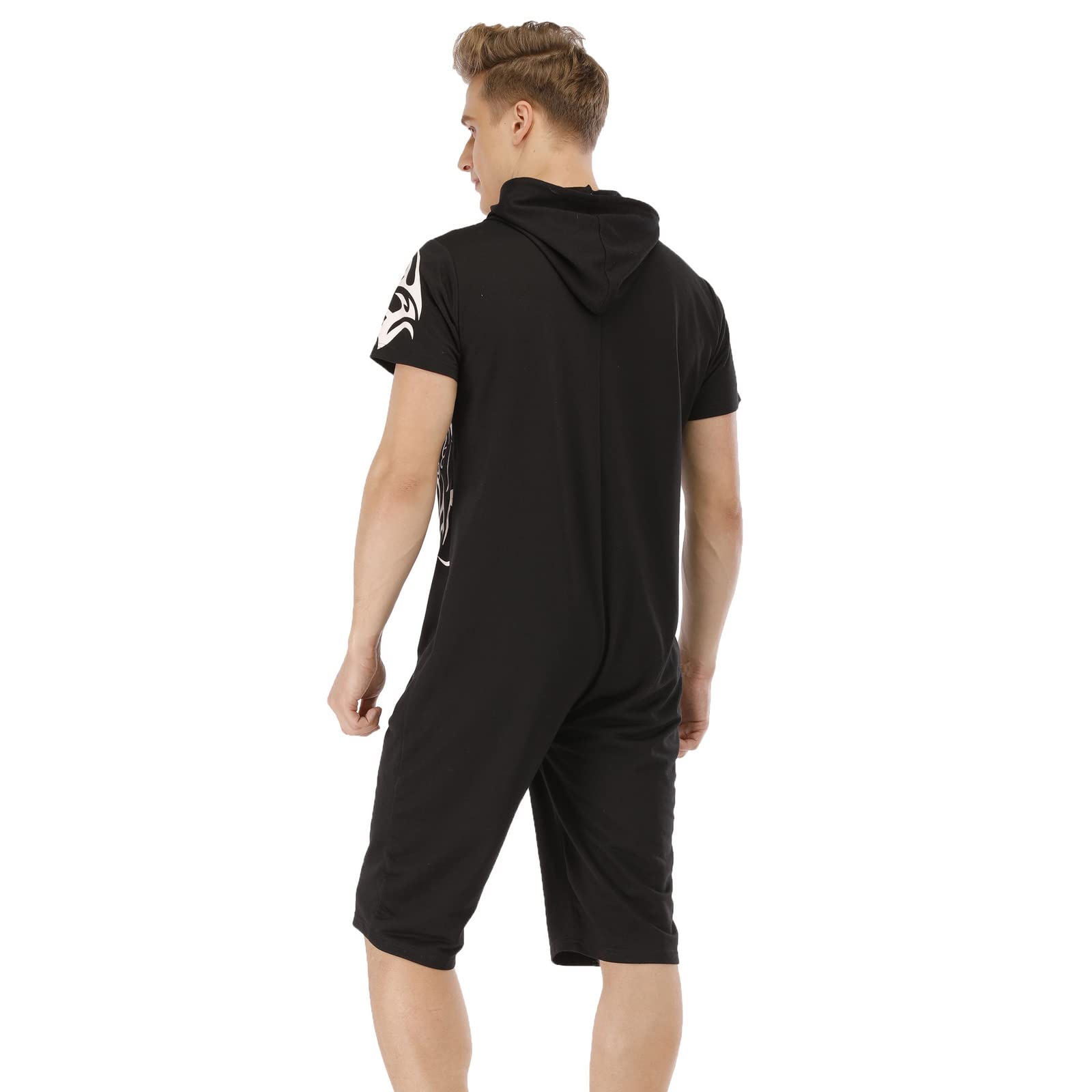Combinaison Pyjama Court Hommes Grenouillères a Capuche Manches Courtes Short Été Confortable Zippé Adulte Une Piece Homewear Survêtement Onesie